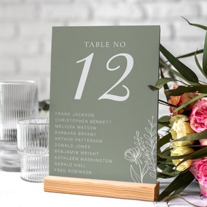 Salbeigrüne Hochzeit Tischnummer EDITIERBAR, Botanische Sitzplan Karten druckbar, Boho Minimalist Hochzeit Party Decor