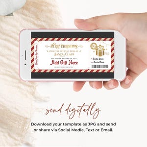 Op de afbeelding: Een digitale cadeaubon-sjabloon met een rood-witte gestreepte achtergrond. De bon is van de kerstman en zegt "Merry Christmas" en "Voeg cadeau hier toe".