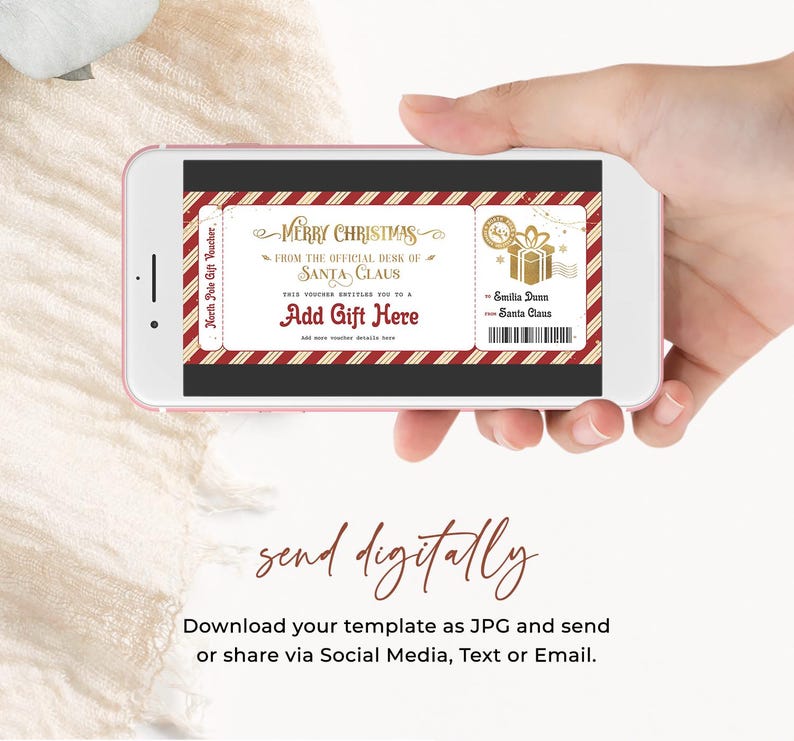 Op de afbeelding: Een digitale cadeaubon-sjabloon met een rood-witte gestreepte achtergrond. De bon is van de kerstman en zegt "Merry Christmas" en "Voeg cadeau hier toe".