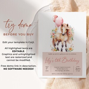 May include: A pink and white birthday invitation with a watercolor illustration of a horse with a floral crown and pink balloons. The text reads "Saddle up and let's gallop on over to celebrate Lily's 6th Birthday".