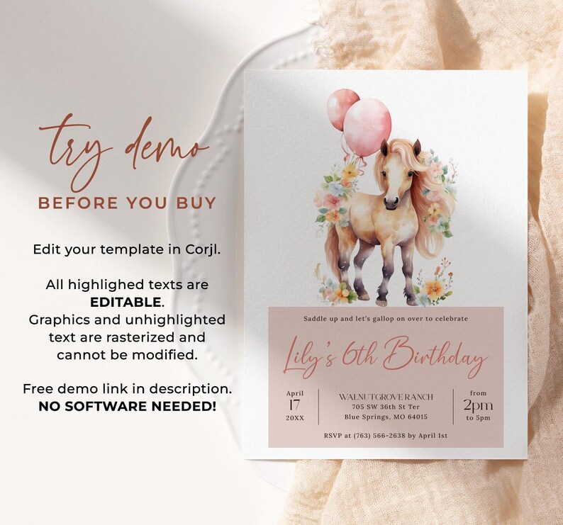 May include: A pink and white birthday invitation with a watercolor illustration of a horse with a floral crown and pink balloons. The text reads "Saddle up and let's gallop on over to celebrate Lily's 6th Birthday".
