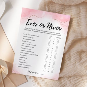 Juego "Ever or Never" (editable), juego imprimible para fiesta de cumpleaños de niña, oro rosa, juego para despedida de soltera, juego para romper el hielo, tarjeta de juego "Nunca he"