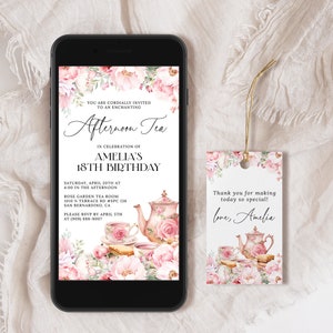Invitation électronique d'anniversaire de thé de l'après-midi MODIFIABLE, invitation mobile de thé floral rose poudré, invitation numérique de partie de thé de jardin AT28