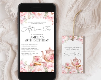 Afternoon Tea Birthday Digital Invitation EDITABLE, Blush Pink Floral High Tea Mobile Invitation, Garden Tea Party Electronic Invite AT28