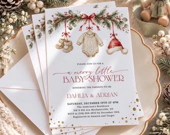 PRINTED Christmas Baby Shower Invitation, Merry Little Baby Shower Invitation, Neutral Winter Baby Shower Invite Cards with Envelopes ML17