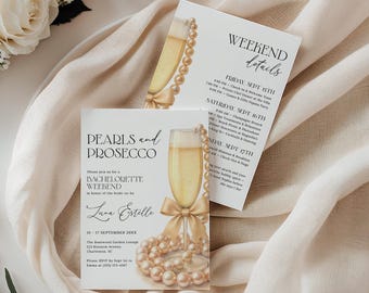 Pearls and Prosecco Bachelorette Itinerary Invitation EDITABLE, Pearls Bachelorette Party Invitation, Bachelorette Weekend Invite PP30