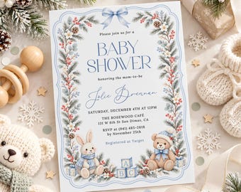 Christmas Nursery Baby Shower Invitation Template, Editable Winter Baby Shower Invite, Vintage Heirloom Watercolor Holiday Invitation CN06