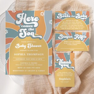 Here Comes The Son babyshower uitnodigingsset BEWERKBAAR, Groovy Sunshine babyshower uitnodigingsbundel, retro babyshower uitnodigingsset HC03