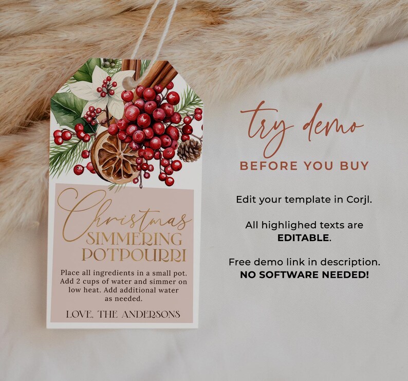May include: A printable Christmas gift tag with a watercolor illustration of red berries, cinnamon sticks, and a sprig of greenery. The text on the tag reads "Christmas Simmering Potpourri" and includes instructions for making the potpourri. The tag also includes the text "Love, The Andersons".