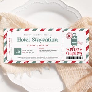 Bon de réservation de Noël MODIFIABLE, chèque-cadeau Staycation imprimable, billet pour un voyage le week-end, carte-cadeau d'un hôtel pour les fêtes HR22