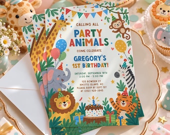 PRINTED Calling All Party Animals Birthday Invitation, Safari Zoo Boy First Birthday Invitation, Jungle Animals Party Card with Envelopes