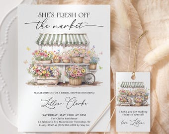 Fresh Off The Market Bridal Shower Invitation EDITABLE, Farmers Market Bridal Shower Invite, She&#39;s Off The Market Invite, Flower Market FM14