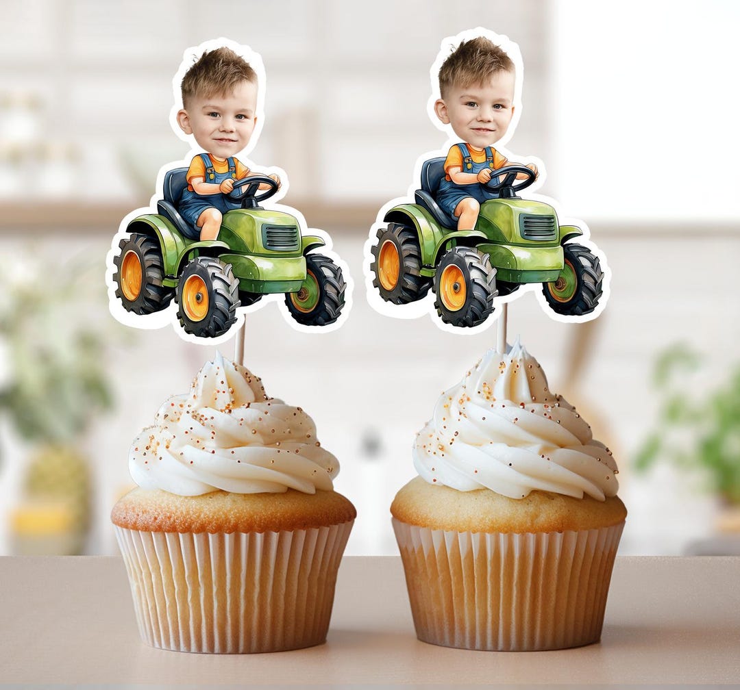 Green Tractor Photo Cupcake Toppers, Face Cupcake Toppers, Personalized ...
