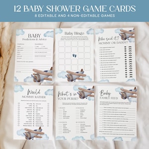 Blue Airplane Baby Shower Games Bundle EDITABLE, 12 Travel Theme Baby Shower Games Cards Printable, Baby Boy Shower Game Activities AP13