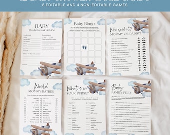Blue Airplane Baby Shower Games Bundle EDITABLE, 12 Travel Theme Baby Shower Games Cards Printable, Baby Boy Shower Game Activities AP13