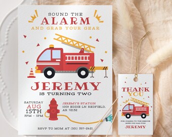 Firetruck Birthday Invitation EDITABLE, Fire Fighter Birthday Party Invite Printable, Fireman Birthday Invitation, Sound The Alarm Birthday