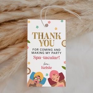 Etiqueta de regalo editable para fiesta de spa, etiquetas de agradecimiento imprimibles para cumpleaños de niñas en el spa, fiesta de spa rosa y dorada, gracias por venir SP03