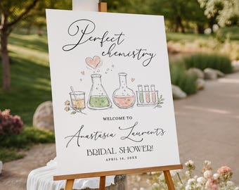 Znak powitalny na wieczór panieński "Idealny z chemii", edytowalny plakat powitalny na wieczór panieński "Nauka", dekoracja znaku "Chemia" dla druhen PC45