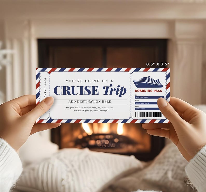 May include: A white and blue cruise ticket with red and blue stripes on the edges. The ticket says "You're going on a Cruise Trip" and "Boarding Pass".