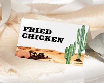 Etiqueta editable para comida de fiesta de primer rodeo, tarjeta de lugar imprimible para cumpleaños del Viejo Oeste, decoración para fiesta del Oeste, etiqueta plegable para buffet de vaquero