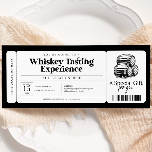 Whiskey Tasting Gift Certificate EDITABLE, Whiskey Tour Gift Voucher, Printable Wine Tasting Ticket, Whisky Tour, Personalized Gift