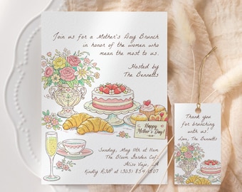 Kwiatowe zaproszenie na brunch z okazji Dnia Matki, Edytowalny szablon zaproszenia na brunch z okazji Dnia Matki, Zaproszenie na imprezę „Mamy i Mimosas”, Herbatka w ogrodzie