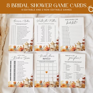 Paquete de juegos editables para despedida de soltera con té floral otoñal, 8 tarjetas imprimibles para el té de la tarde otoñal, actividades para el té de la tarde FA21