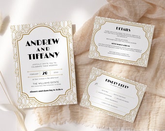 Art Deco Wedding Invitation Set EDITABLE, Minimalist Gold Gatsby Wedding Invitation Suite, Printable Modern 1920s Rsvp Details Card