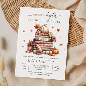 Fall Book Themed Baby Shower Invitation Template, Editable Autumn Storybook Shower Invite, New Chapter Little Pumpkin, Digital Download AB31