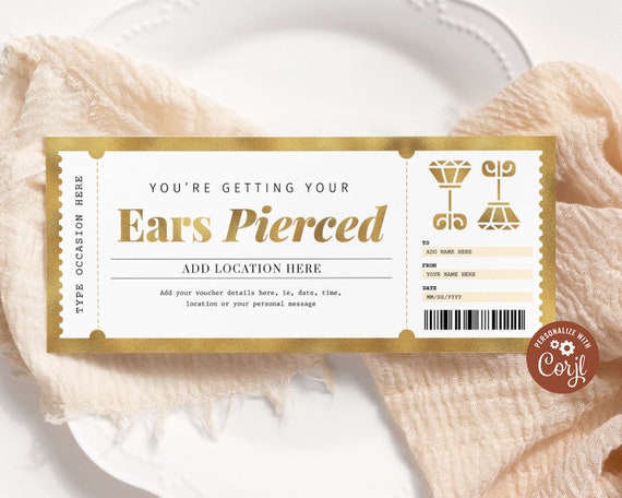 Ear Piercing Gold Certificate EDITABLE, Ear Piercing Gift Voucher ...