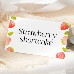 Étiquettes de nourriture de fête aux fraises MODIFIABLES, tente de carte de lieu d'anniversaire doux de baies, carte de tente de nourriture de douche de bébé aux fraises, étiquette pliée de buffet SB11