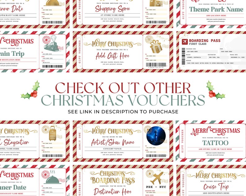 May include: A set of printable Christmas gift voucher templates. The vouchers are designed to look like vintage airline tickets and feature a red and green striped pattern with gold accents. The vouchers are for a variety of experiences, including a shopping spree, a theme park visit, a train trip, a staycation, a concert, a tattoo, a cruise, and a dinner date.