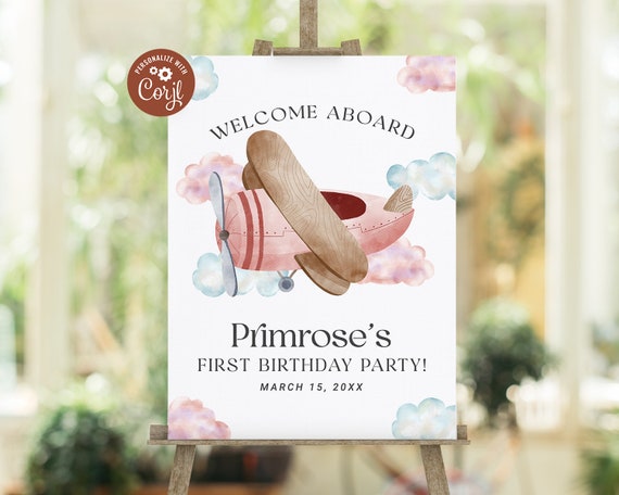 Pink Airplane Party Welcome Sign EDITABLE, Vintage Airplane First Birthday Party Decor Printable, Girl Pilot Poster, Aviation Party AP13 Il_570xn