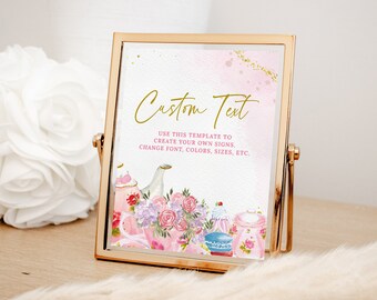 Tea Party Custom Sign EDITABLE, Pink Gold Birthday Par-Tea Banner Printable, Floral Afternoon High Tea, Girl Garden Shower Party Decor TP09