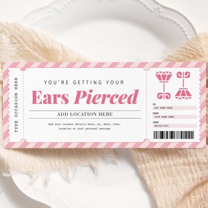 Ear Piercing Pink Gift Certificate EDITABLE, Ear Piercing Gift Voucher ...