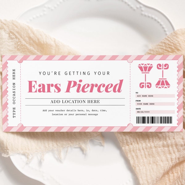 Ear Piercing Pink Gift Certificate EDITABLE, Ear Piercing Gift Voucher Printable, Piercing Coupon, Teen Daughter Gift Idea, Any Occasion