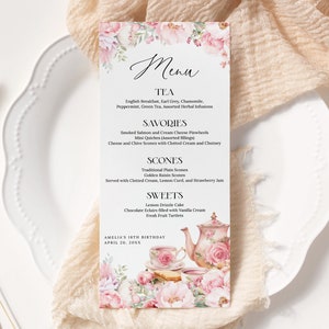 Floral Tea Party menusjabloon BEWERKBAAR, blush roze high tea menukaarten, Afternoon Tea Party, tuinfeest, baby vrijgezellenfeest verjaardag AT28