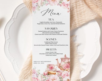 Floral Tea Party Menu Template EDITABLE, Blush Pink High Tea Menu Cards, Afternoon Tea Party, Garden Party, Baby Bridal Shower Birthday AT28