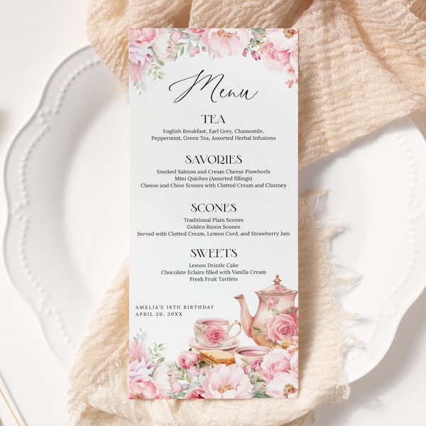 Floral Tea Party Menu Template EDITABLE, Blush Pink High Tea Menu Cards, Afternoon Tea Party, Garden Party, Baby Bridal Shower Birthday AT28
