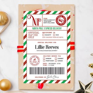 Etiquetas de envío de correo de elfo EDITABLES, etiqueta adhesiva de entrega al Polo Norte, etiqueta de regalo de Navidad de Papá Noel, franqueo de Papá Noel, etiqueta de entrega de elfo
