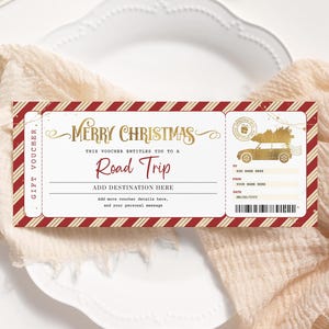 Boleto de viaje por carretera navideño EDITABLE, certificado de regalo de viaje por carretera sorpresa, viaje de fin de semana, plantilla de cupón de viaje navideño imprimible