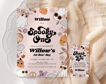 Spöklik Halloween-födelsedagsinbjudan REDIGERINGSBAR, Groovy Halloween-festinbjudan, Hippie-spöke, utskrivbar Spöktakulär 1-årsdag SH13