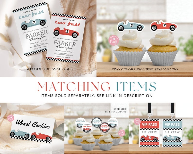 K&ouml;nnte beinhalten: Ein Set mit druckbaren Partydekorationen f&uuml;r eine Geburtstagsparty eines Zweij&auml;hrigen mit dem Thema Rennwagen. Das Set beinhaltet Einladungen, Cupcake-Topper und VIP-P&auml;sse. Die Farben sind Rot, Blau und Schwarz. Der Text auf den Einladungen lautet "Growing Up Two Fast" und "Parker wird zwei Jahre alt".