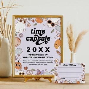 Halloween  Time Capsule Sign EDITABLE, Groovy Purple Halloween Birthday Party Sign, Spooky One Spooktacular Birthday, Capsule Note Card SH13