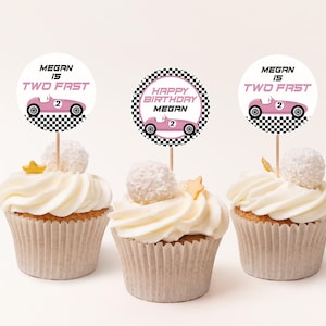 Pink Race Car Cupcake Toppers EDITABLE, Printable Two Fast Cupcake Toppers, Racing Party Decor, Vintage Race Car, Girl Racing Birthday Party