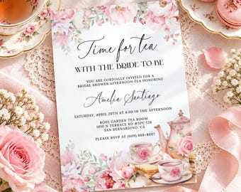 Tea Party Bridal Shower Invitation, Editable Afternoon Tea With The Bride Invitation, Wedding Tea Party Printable Digital Template AT28