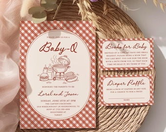 Zestaw zaproszeń na baby shower Baby-Q, edytowalne zaproszenie na baby shower z grillem BBQ, grill na podwórku, wspólne grillowanie z ujawnieniem płci dziecka BQ12