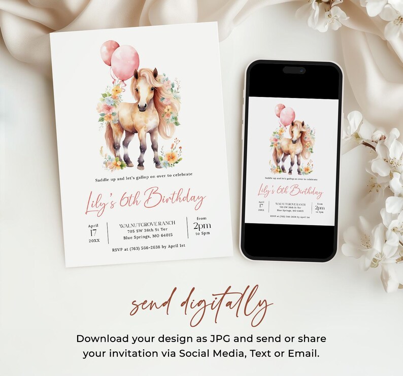 Gallop On Over Birthday Invitation EDITABLE, Floral Horse Birthday Invitation Printable, Saddle Up Birthday, Cowgirl Party Invite GL27 image 5