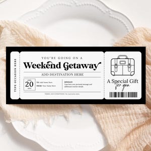 Weekend Getaway Voucher EDITABLE, Surprise Weekend Away Ticket, Birthday Trip Travel Voucher, Printable Trip Away Gift Certificate WG22