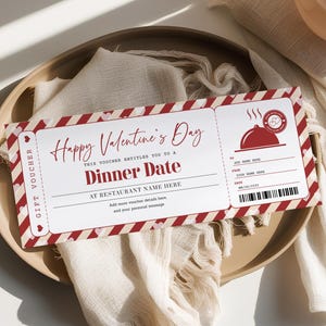 Dinerdatum Valentijnsvoucher BEWERKBAAR, valentijnsdiner datumuitnodiging, afdrukbaar dinerreserveringscertificaat, datum-nachtticket